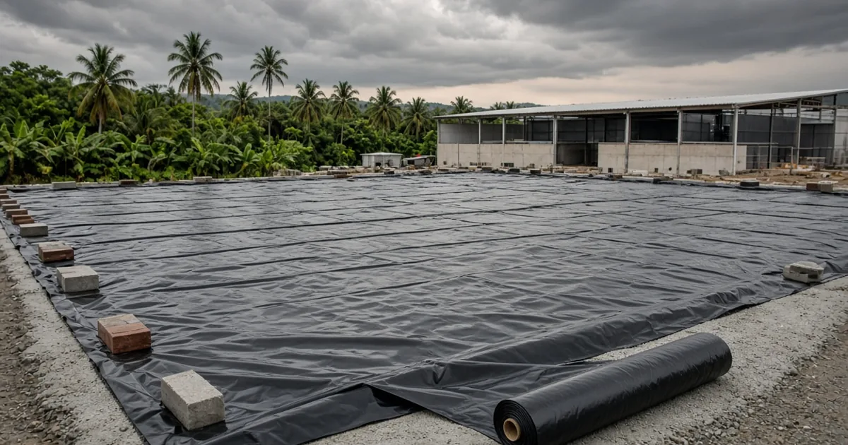 Hule negro de polietileno extendido sobre base de grava como barrera de vapor antes de colar un firme de concreto, con rollo en primer plano