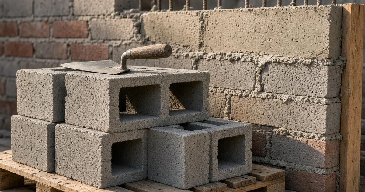 Block hueco de concreto de 15×20×40 apilado sobre tarima con cuchara de albañil, frente a un muro de mampostería con varillas de castillo